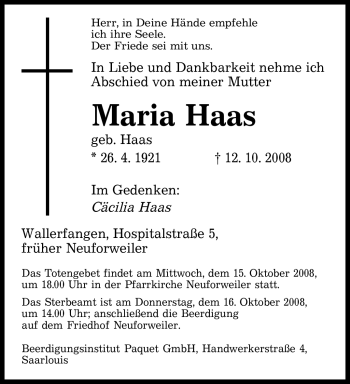 Traueranzeige von Maria Haas von SAARBRÜCKER ZEITUNG