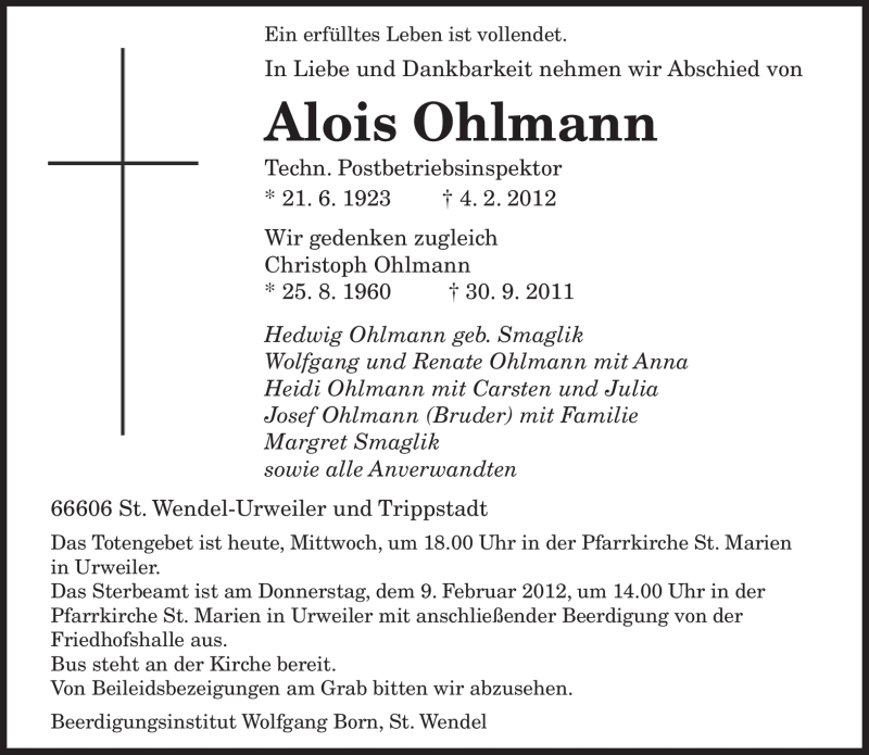  Traueranzeige für Alois Ohlmann vom 08.02.2012 aus SAARBRÜCKER ZEITUNG