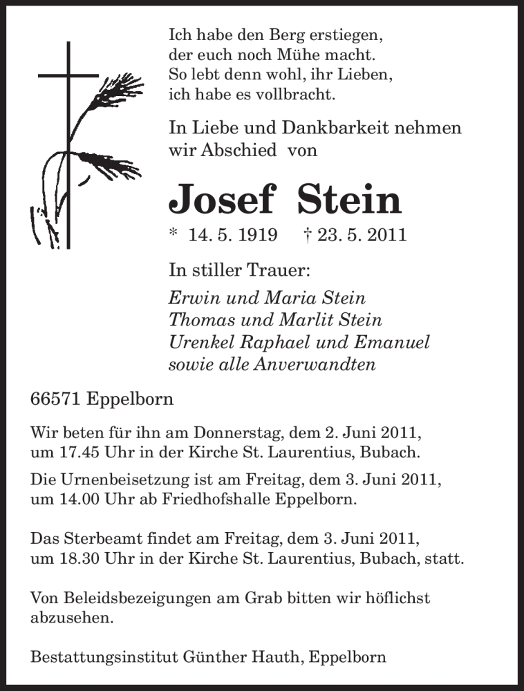  Traueranzeige für Josef Stein vom 28.05.2011 aus SAARBRÜCKER ZEITUNG