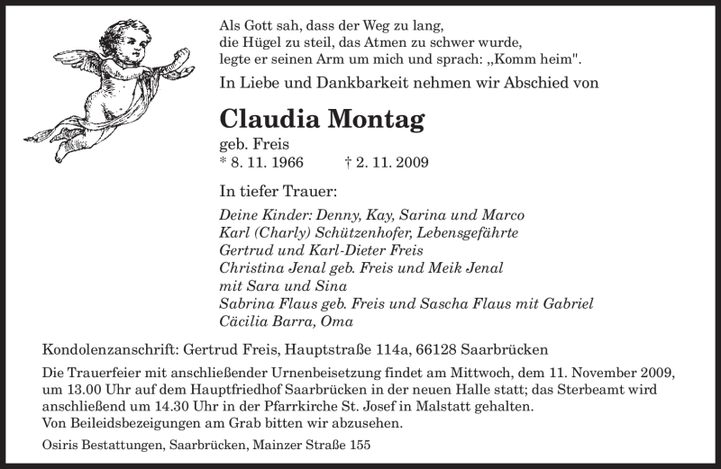  Traueranzeige für Claudia Montag vom 07.11.2009 aus SAARBRÜCKER ZEITUNG