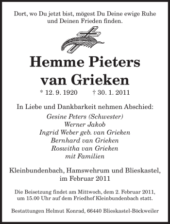 Traueranzeige von Hemme Pieters van Grieken von SAARBRÜCKER ZEITUNG