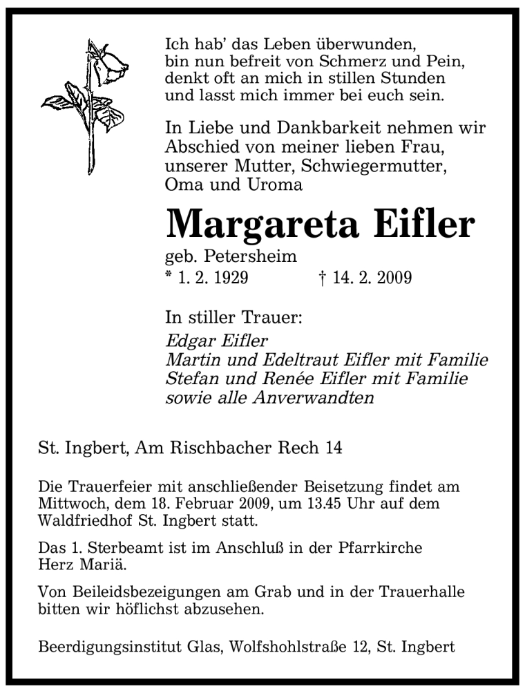  Traueranzeige für Margareta Eifler vom 17.02.2009 aus SAARBRÜCKER ZEITUNG