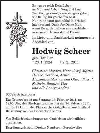 Traueranzeige von Hedwig Scheer von SAARBRÜCKER ZEITUNG