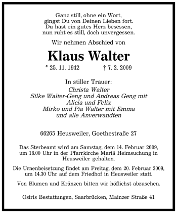 Traueranzeige von Klaus Walter von SAARBRÜCKER ZEITUNG