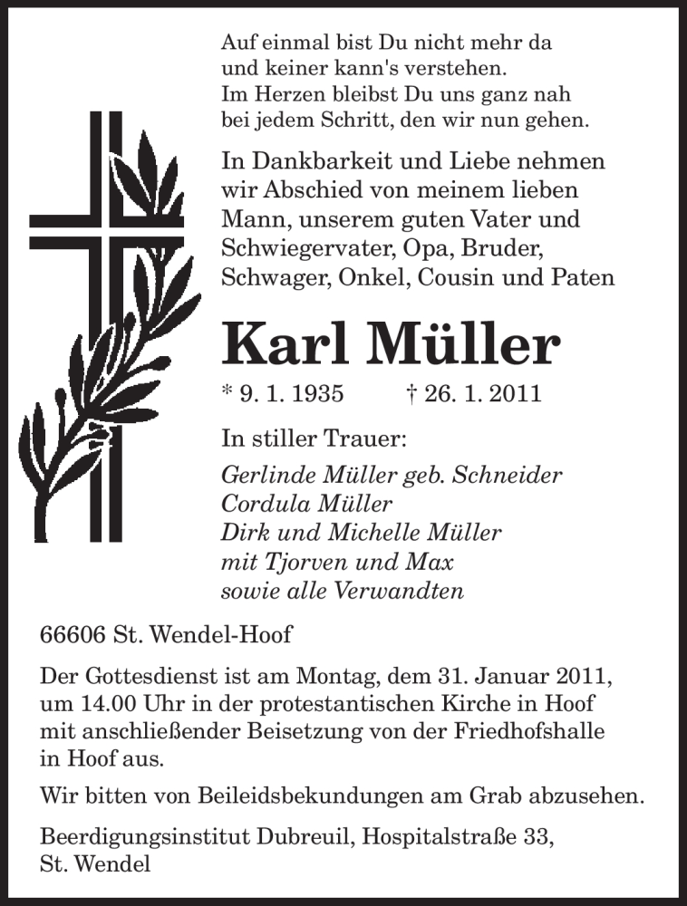  Traueranzeige für Karl Müller vom 28.01.2011 aus SAARBRÜCKER ZEITUNG