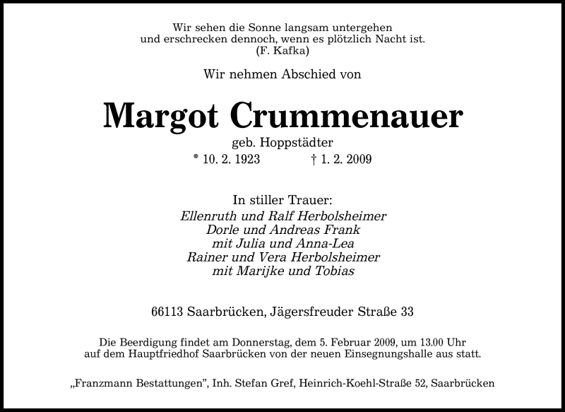  Traueranzeige für Margot Crummenauer vom 04.02.2009 aus SAARBRÜCKER ZEITUNG