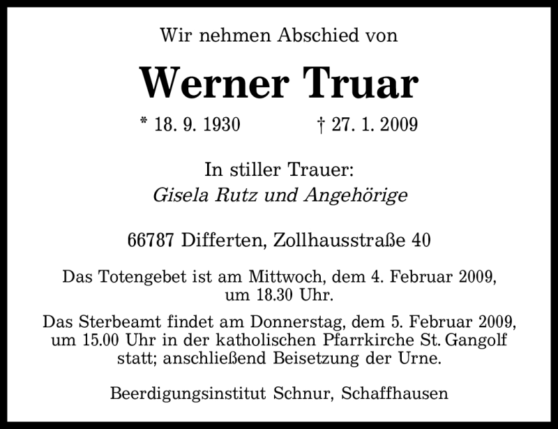  Traueranzeige für Werner Truar vom 30.01.2009 aus SAARBRÜCKER ZEITUNG