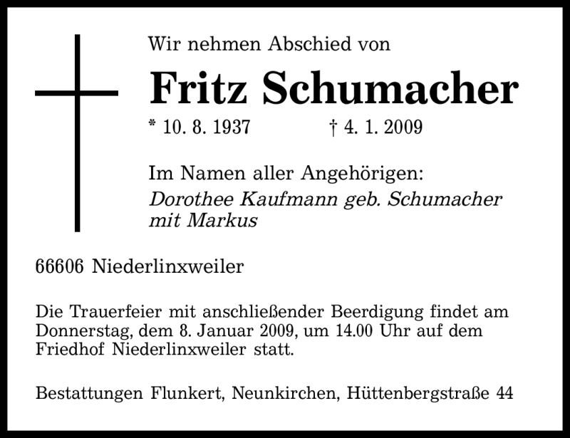  Traueranzeige für Fritz Schumacher vom 06.01.2009 aus SAARBRÜCKER ZEITUNG