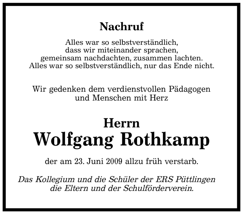  Traueranzeige für Wolfgang Rothkamp vom 30.06.2009 aus SAARBRÜCKER ZEITUNG