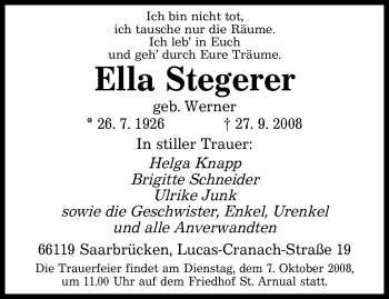 Traueranzeige von Ella Stegerer von SAARBRÜCKER ZEITUNG