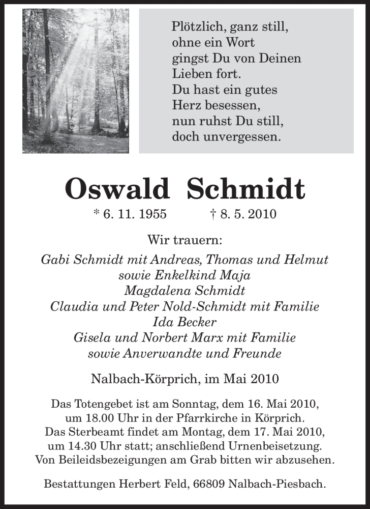  Traueranzeige für Oswald Schmidt vom 15.05.2010 aus SAARBRÜCKER ZEITUNG