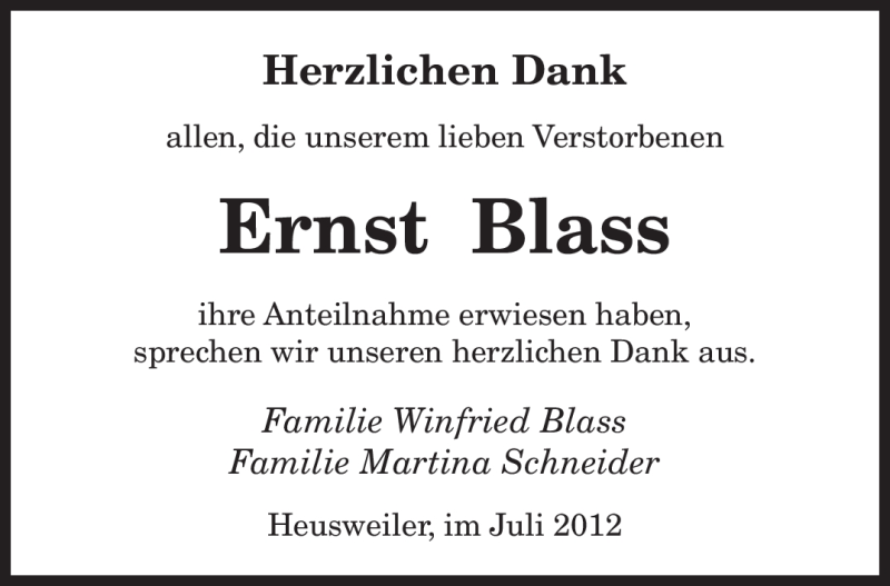  Traueranzeige für Ernst Blass vom 30.06.2012 aus SAARBRÜCKER ZEITUNG