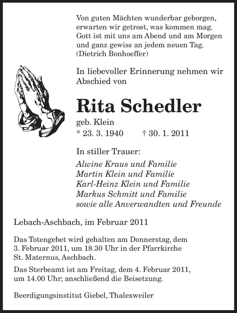  Traueranzeige für Rita Schedler vom 02.02.2011 aus SAARBRÜCKER ZEITUNG