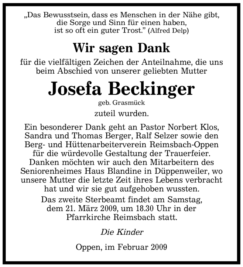  Traueranzeige für Josefa Beckinger vom 18.02.2009 aus SAARBRÜCKER ZEITUNG