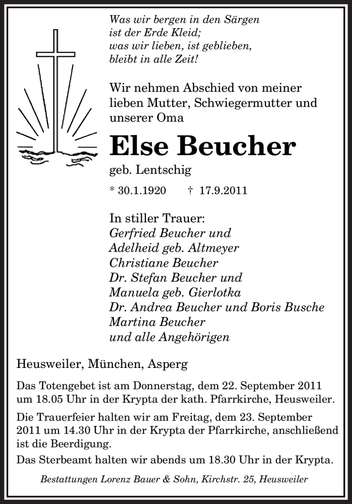  Traueranzeige für Else Beucher vom 20.09.2011 aus SAARBRÜCKER ZEITUNG