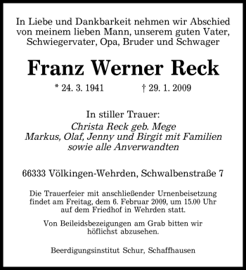 Traueranzeige von Franz Werner Reck von SAARBRÜCKER ZEITUNG