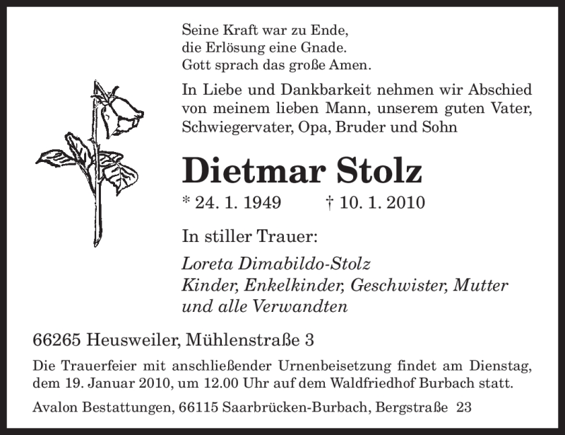  Traueranzeige für Dietmar Stolz vom 16.01.2010 aus SAARBRÜCKER ZEITUNG