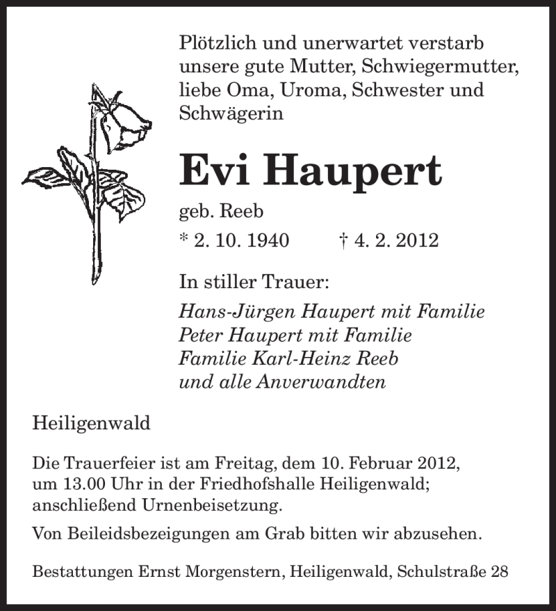  Traueranzeige für Evi Haupert vom 08.02.2012 aus SAARBRÜCKER ZEITUNG