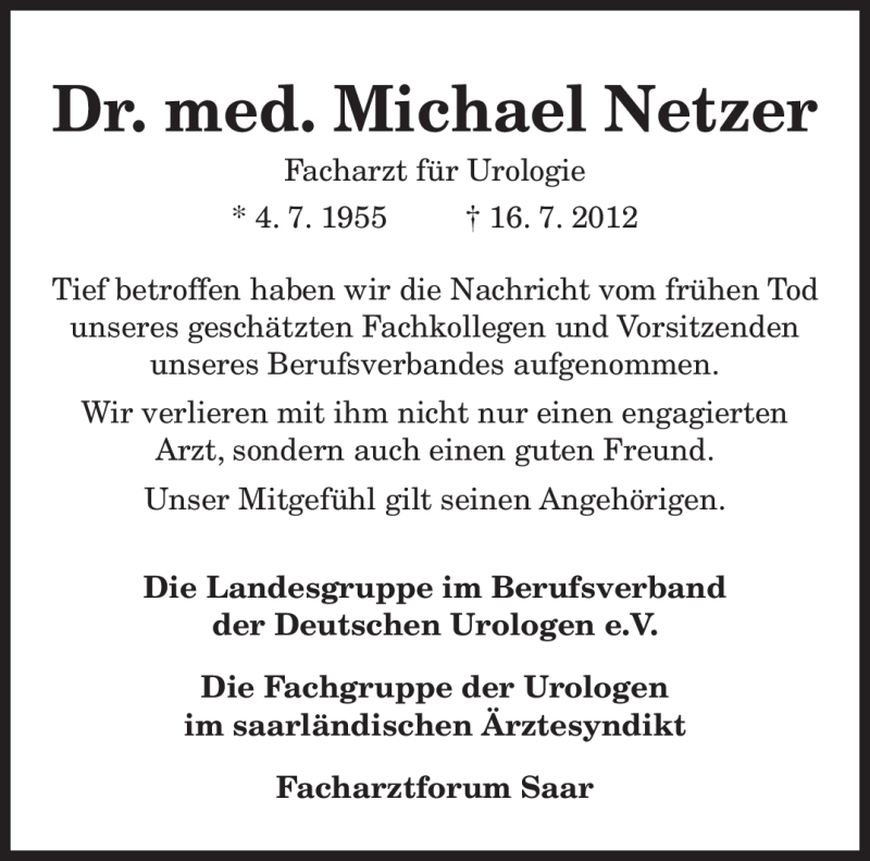  Traueranzeige für Michael Netzer vom 28.07.2012 aus SAARBRÜCKER ZEITUNG