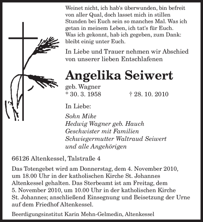  Traueranzeige für Angelika Seiwert vom 30.10.2010 aus SAARBRÜCKER ZEITUNG