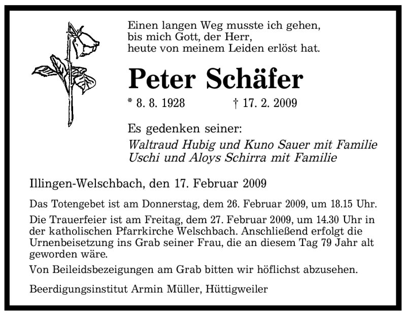  Traueranzeige für Peter Schäfer vom 25.02.2009 aus SAARBRÜCKER ZEITUNG