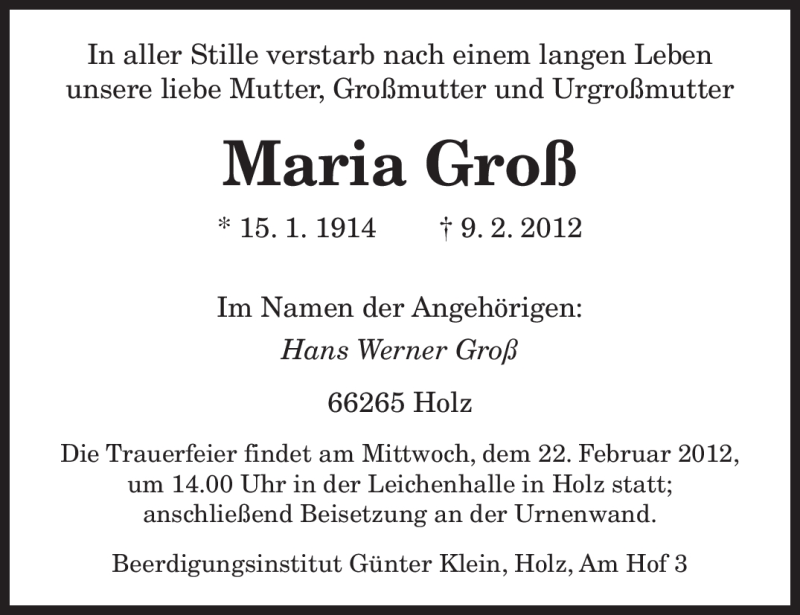  Traueranzeige für Maria Groß vom 18.02.2012 aus SAARBRÜCKER ZEITUNG