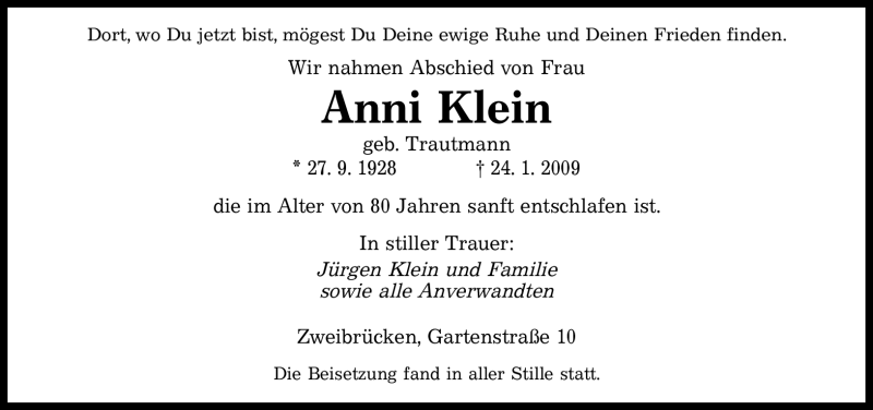  Traueranzeige für Anni Klein vom 07.02.2009 aus SAARBRÜCKER ZEITUNG