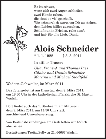 Traueranzeige von Alois Schneider von SAARBRÜCKER ZEITUNG