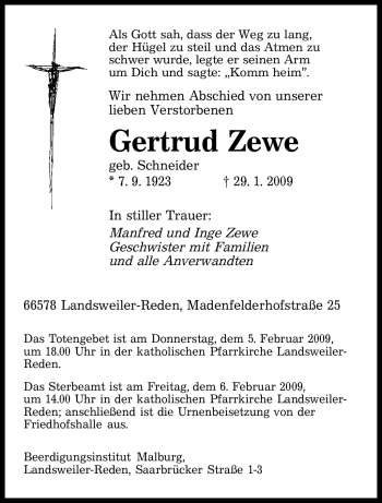 Traueranzeige von Gertrud Zewe von SAARBRÜCKER ZEITUNG