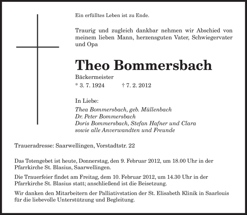  Traueranzeige für Theo Bommersbach vom 09.02.2012 aus SAARBRÜCKER ZEITUNG