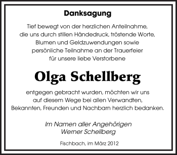 Traueranzeige von Olga Schellberg von SAARBRÜCKER ZEITUNG