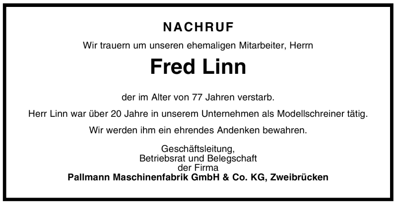  Traueranzeige für Fred Linn vom 17.02.2009 aus SAARBRÜCKER ZEITUNG