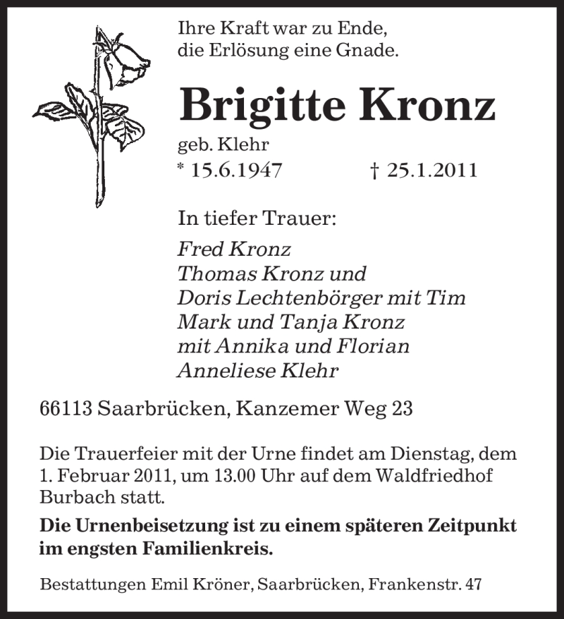  Traueranzeige für Brigitte Kronz vom 28.01.2011 aus SAARBRÜCKER ZEITUNG