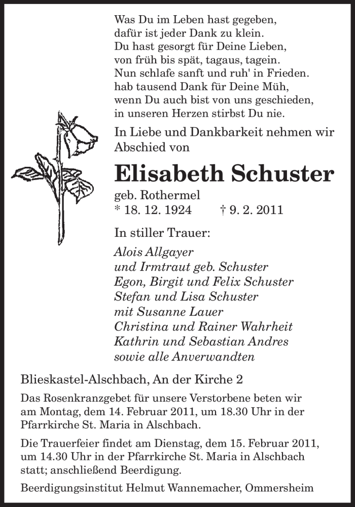  Traueranzeige für Elisabeth Schuster vom 12.02.2011 aus SAARBRÜCKER ZEITUNG