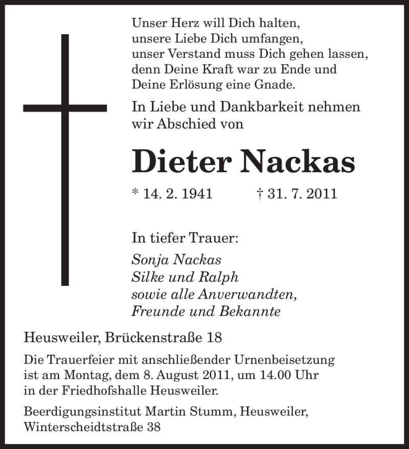  Traueranzeige für Dieter Nackas vom 04.08.2011 aus SAARBRÜCKER ZEITUNG