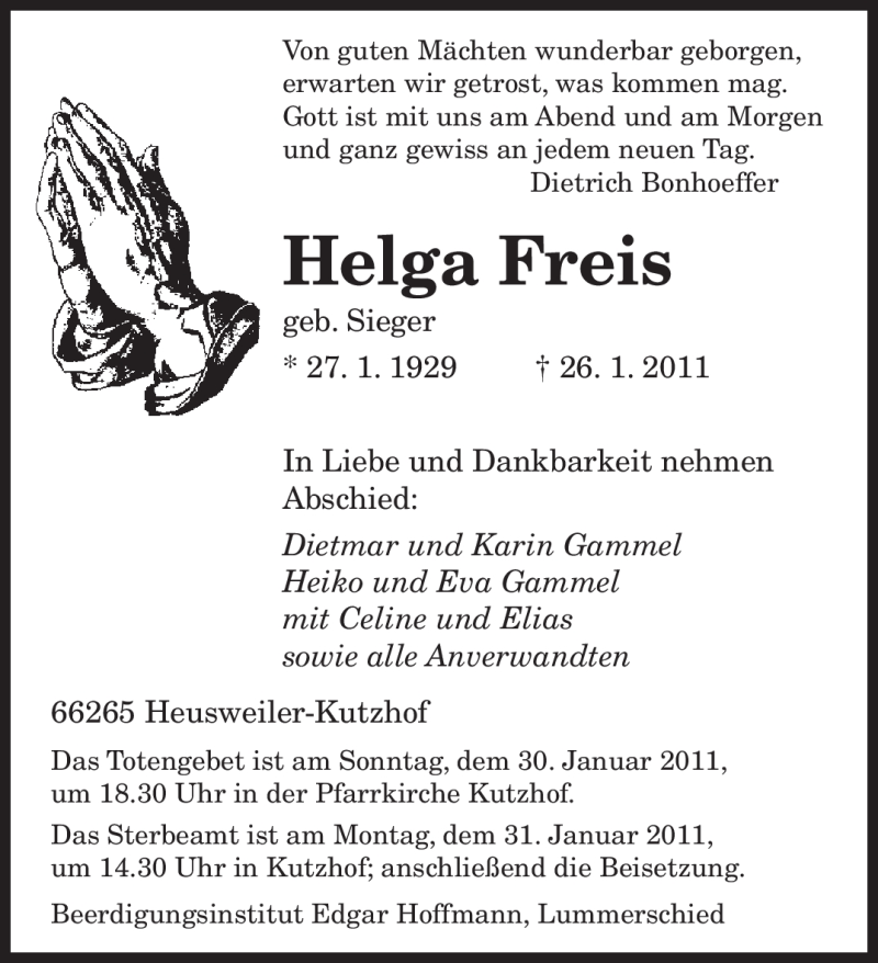  Traueranzeige für Helga Freis vom 29.01.2011 aus SAARBRÜCKER ZEITUNG