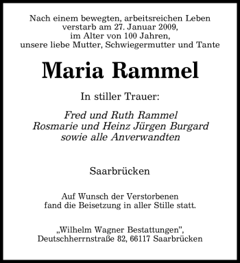 Traueranzeige von Maria Rammel von SAARBRÜCKER ZEITUNG