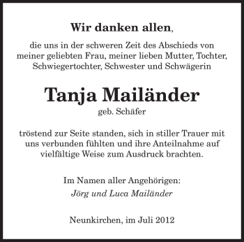 Traueranzeige von Tanja Mailänder von SAARBRÜCKER ZEITUNG