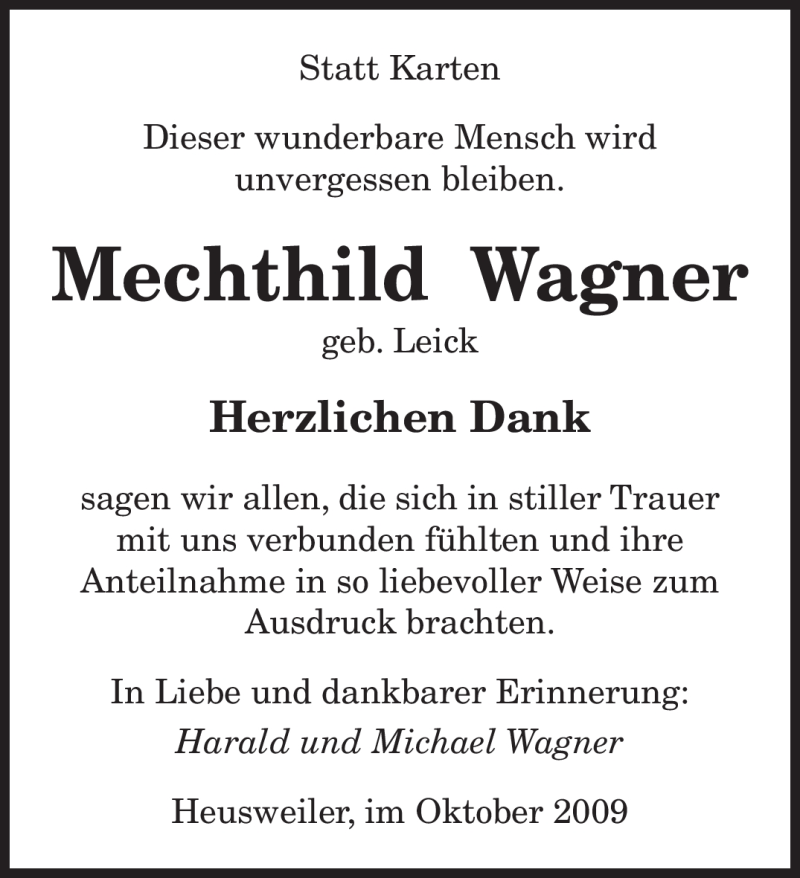  Traueranzeige für Mechthild Wagner vom 14.10.2009 aus SAARBRÜCKER ZEITUNG