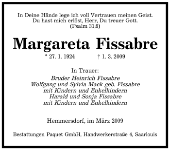 Traueranzeige von Margareta Fissabre von SAARBRÜCKER ZEITUNG