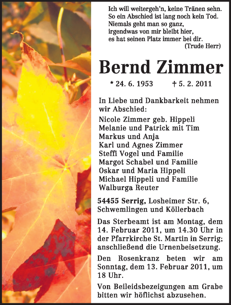  Traueranzeige für Bernd Zimmer vom 09.02.2011 aus 