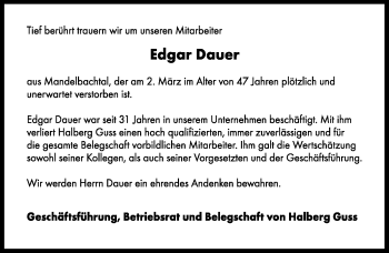 Traueranzeige von Edgar Dauer von SAARBRÜCKER ZEITUNG