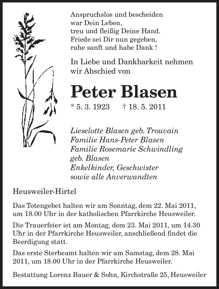  Traueranzeige für Peter Blasen vom 21.05.2011 aus SAARBRÜCKER ZEITUNG