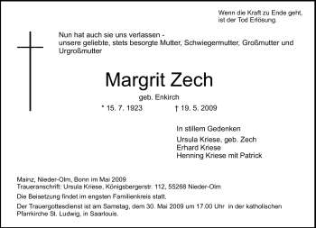 Traueranzeige von Margrit Zech von SAARBRÜCKER ZEITUNG