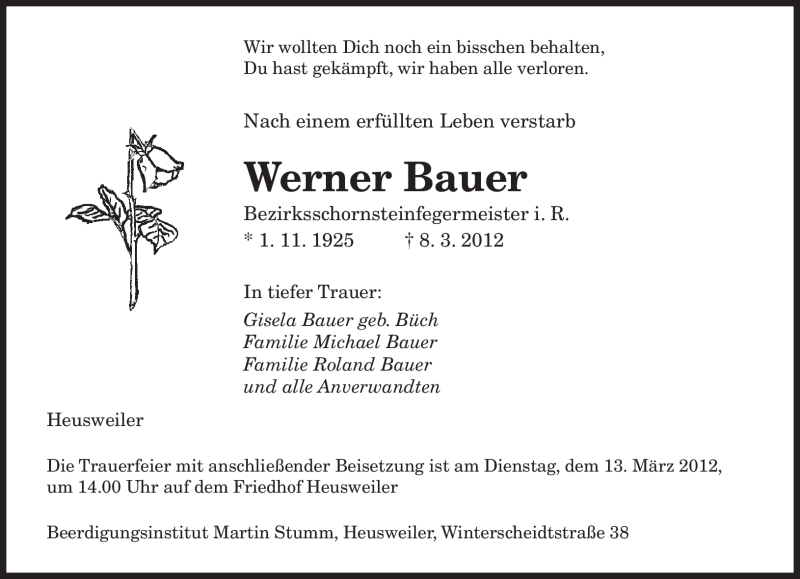  Traueranzeige für Werner Bauer vom 10.03.2012 aus SAARBRÜCKER ZEITUNG