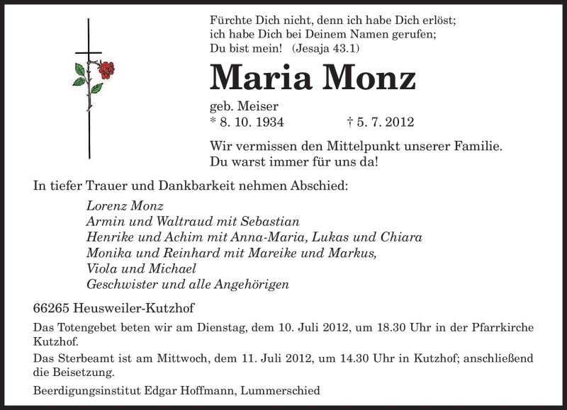  Traueranzeige für Maria Monz vom 09.07.2012 aus SAARBRÜCKER ZEITUNG