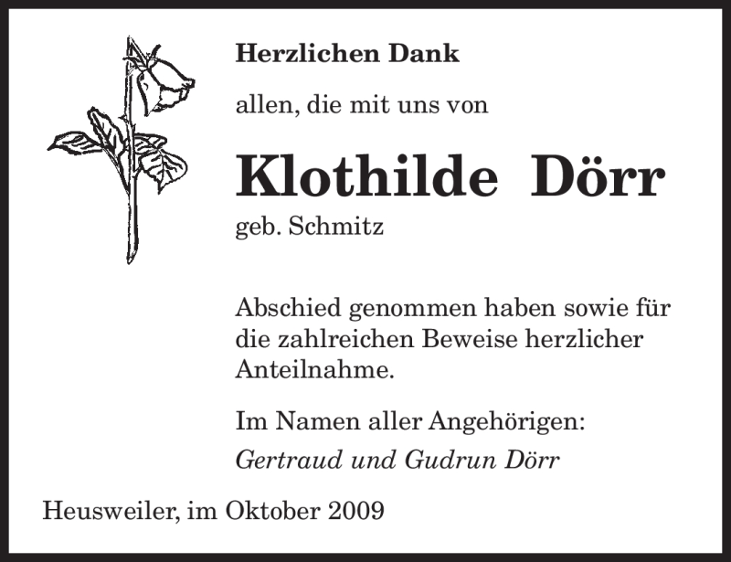  Traueranzeige für Klothilde Dörr vom 14.10.2009 aus SAARBRÜCKER ZEITUNG
