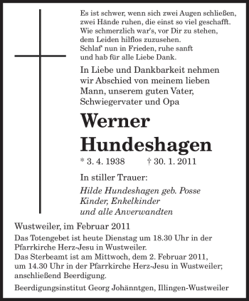Traueranzeige von Werner Hundeshagen von SAARBRÜCKER ZEITUNG