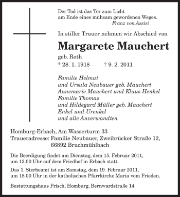 Traueranzeige von Margarete Mauchert von SAARBRÜCKER ZEITUNG