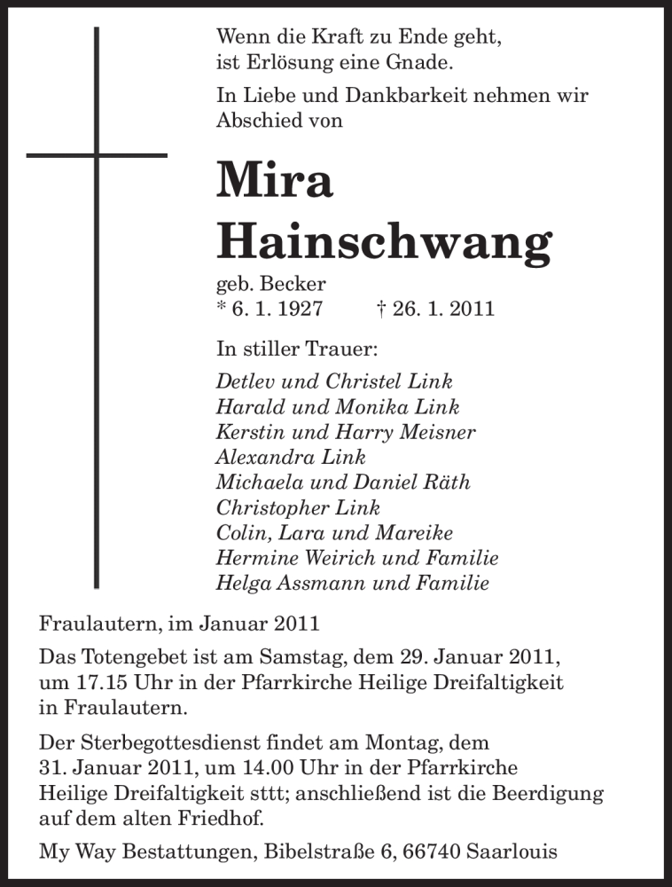  Traueranzeige für Mira Hainschwang vom 28.01.2011 aus SAARBRÜCKER ZEITUNG